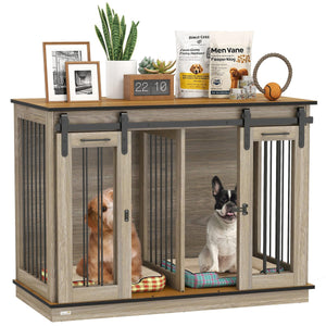  47in Dog Crate Furniture with Divider Panel, Wooden Dog Kennel TV Stand for Large Dogs, Pet House Side Table for 2 Small Dogs with Two Rooms Design, 2 Sliding Doors, Oak