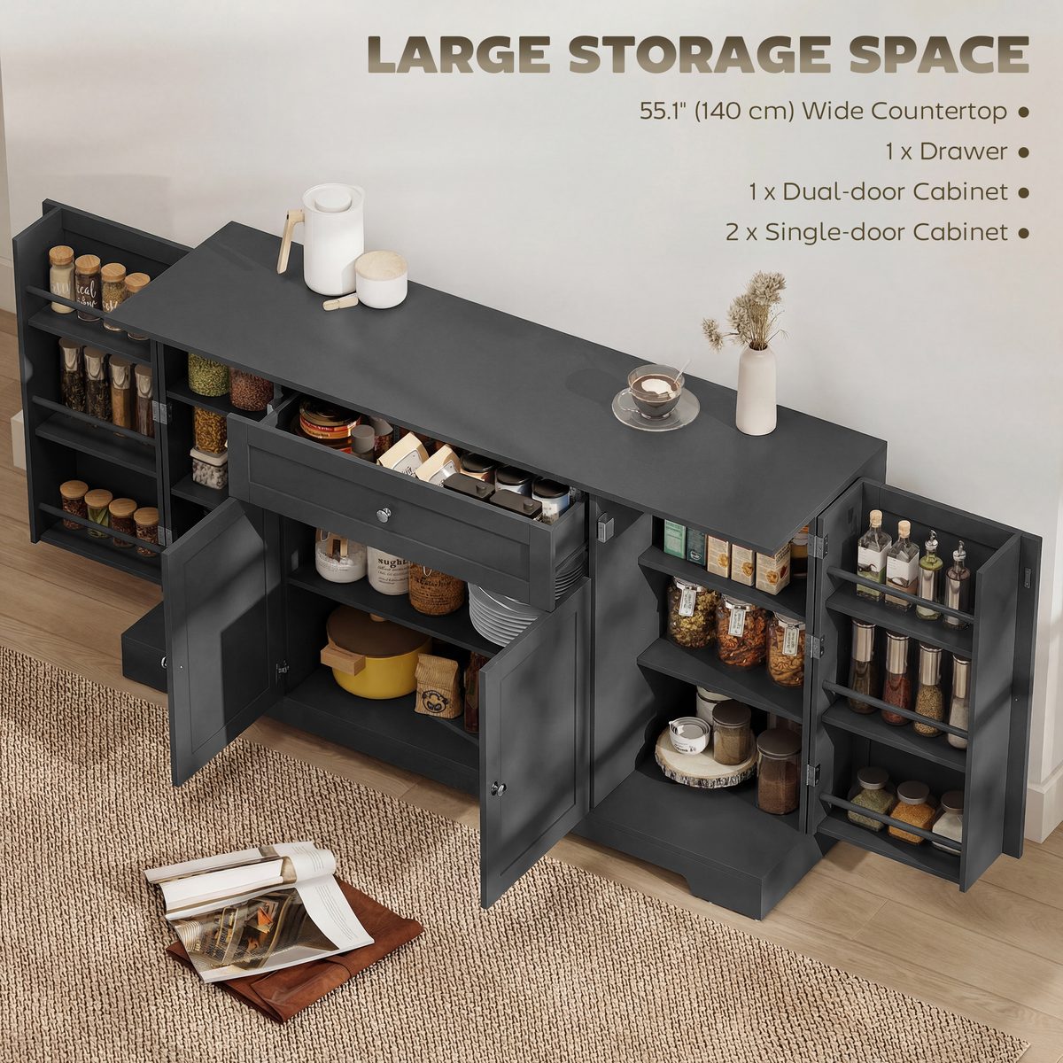  55" Modern Kitchen Storage Cabinet with Drawer, Adjustable Shelves, Small Kitchen Pantry with Door Racks, Black