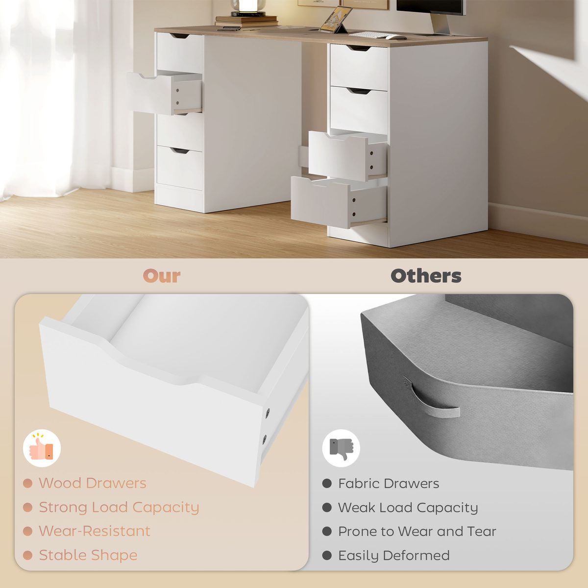  Desk with 8 Drawers, 55.1"W × 20.9"D × 29.5"H Modern Computer Desk for Office, Living Room, White