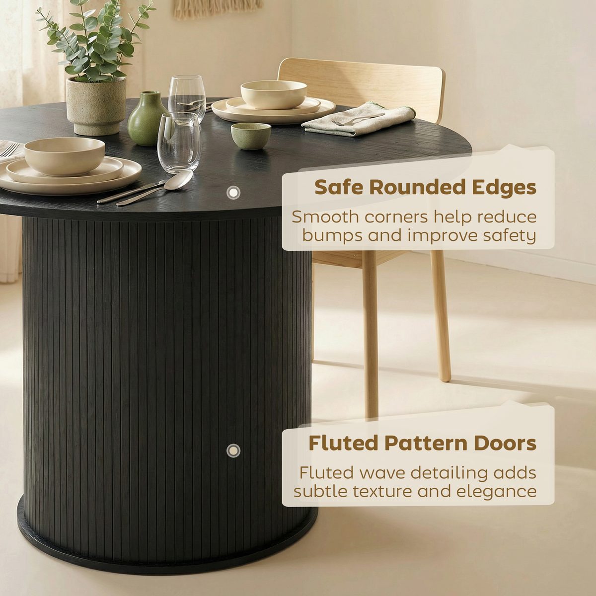  Round Dining Table for 4-6, 47 Inch Kitchen Table with Fluted Pedestal Base, for Kitchen Living Room Dining Room, Black