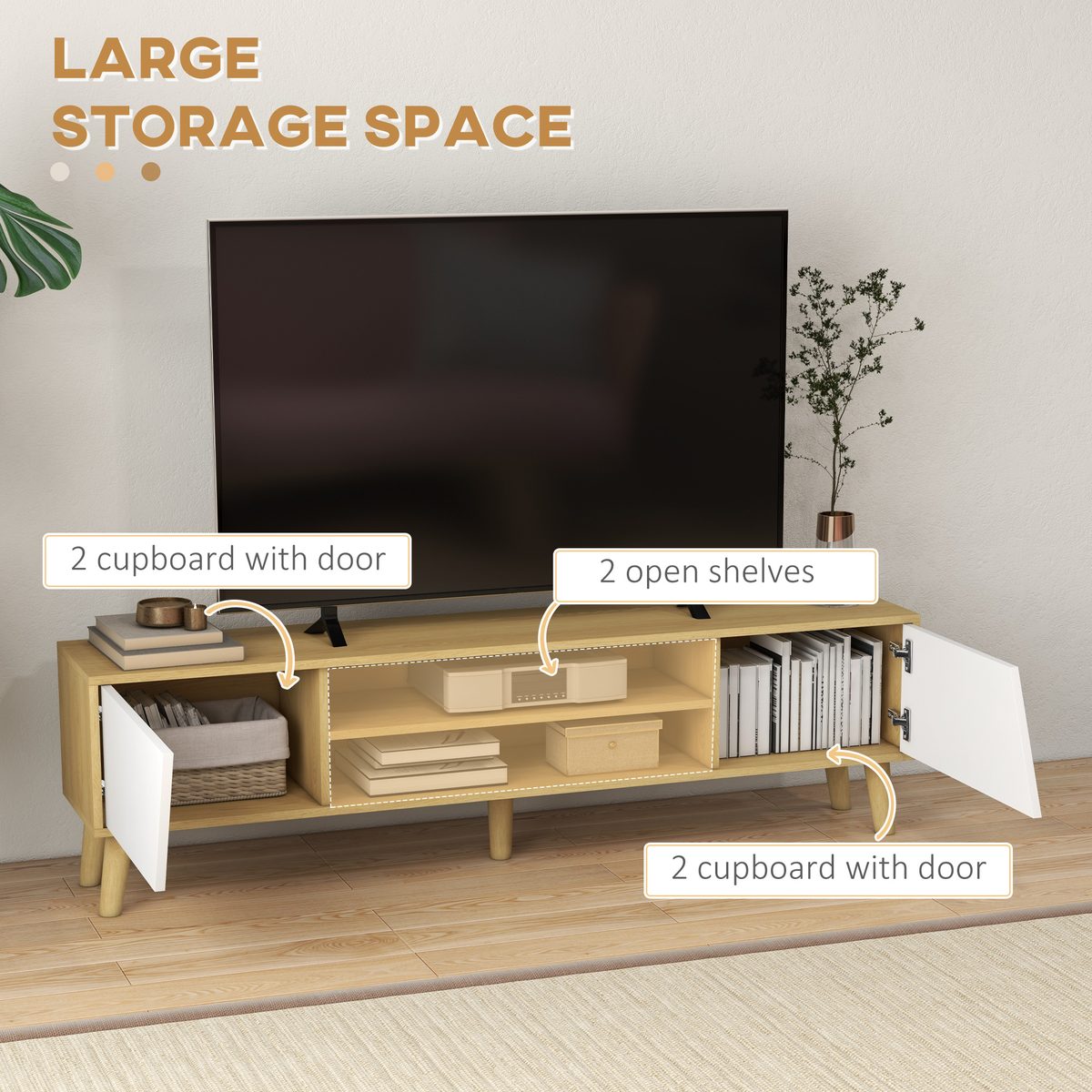  TV Stand for 65 Inch Television, Entertainment Center with Soft Closing Door and Rubberwood Legs, Oak and White