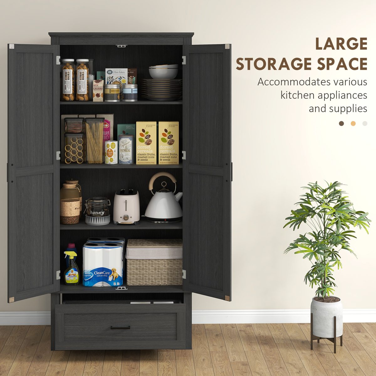  69" Tall Farmhouse Kitchen Pantry Cabinet with 2 Doors, Drawer and Adjustable Shelves, Black Wood Grain