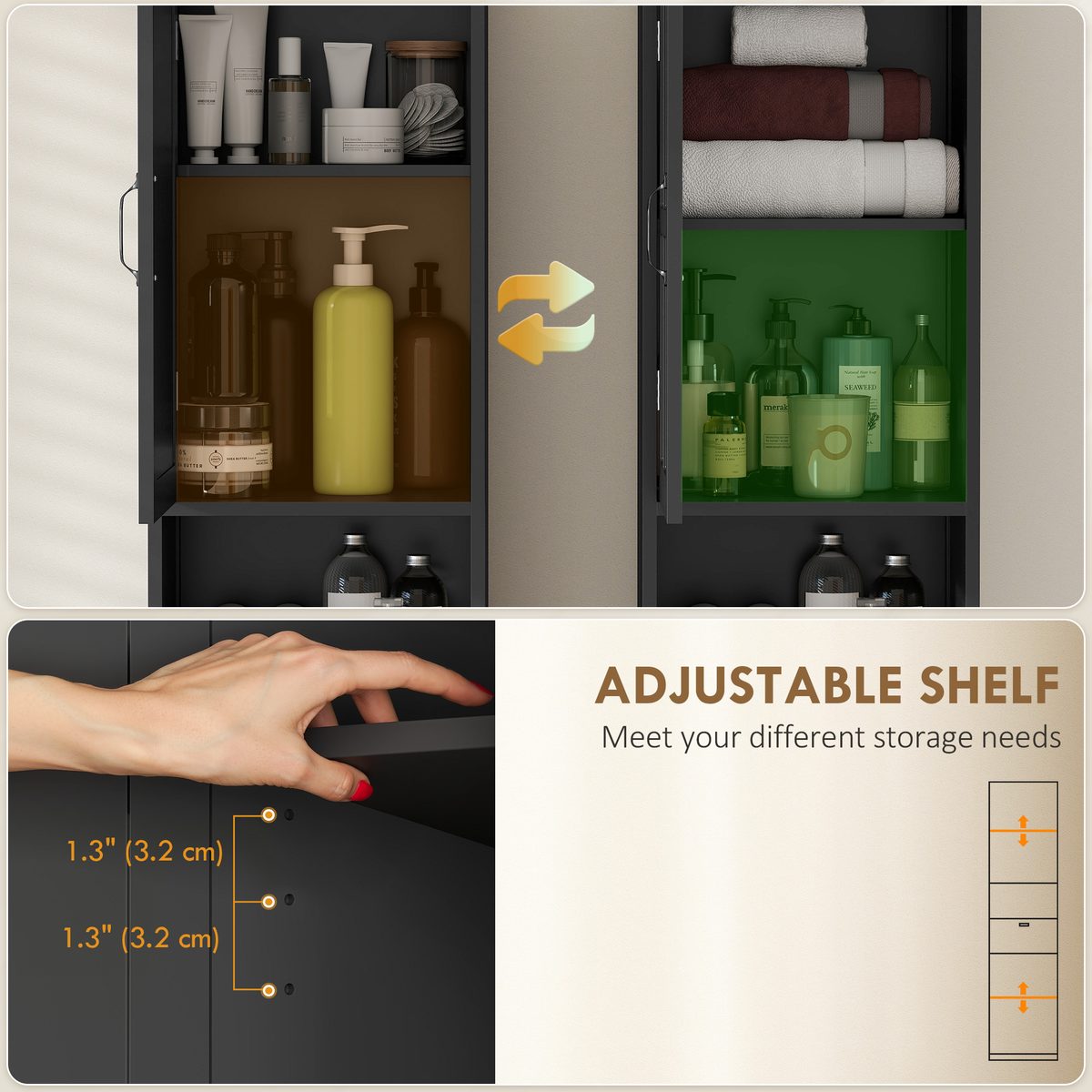  Modern Bathroom Cabinet, Narrow Bathroom Vanities with Open Shelf Drawer Recessed Doors and Adjustable Shelves Black