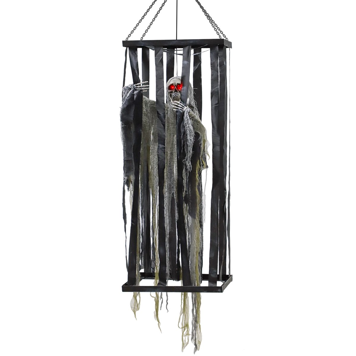  Animatronics Hanging Skeleton Reaper in Cage, Voice-Activated Prop with Flashing Eyes, Easy Setup Indoor
