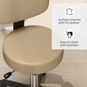  PU Leather Adjustable Rolling Stool, Round Swivel Drafting Stool with Back, Wheels, Light Brown