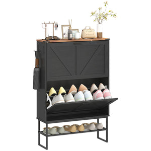  Narrow Shoe Storage Cabinet with 2 Flip Drawers, Slim Shoe Cabinet for 15-20 Pairs, Black Wood Grain