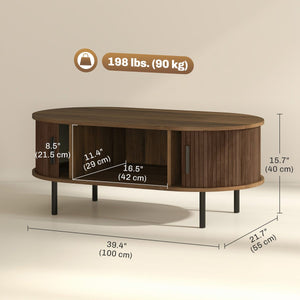  Coffee Table with Sliding Tambour Doors and Storage Center Table with Metal Legs, 39", Brown