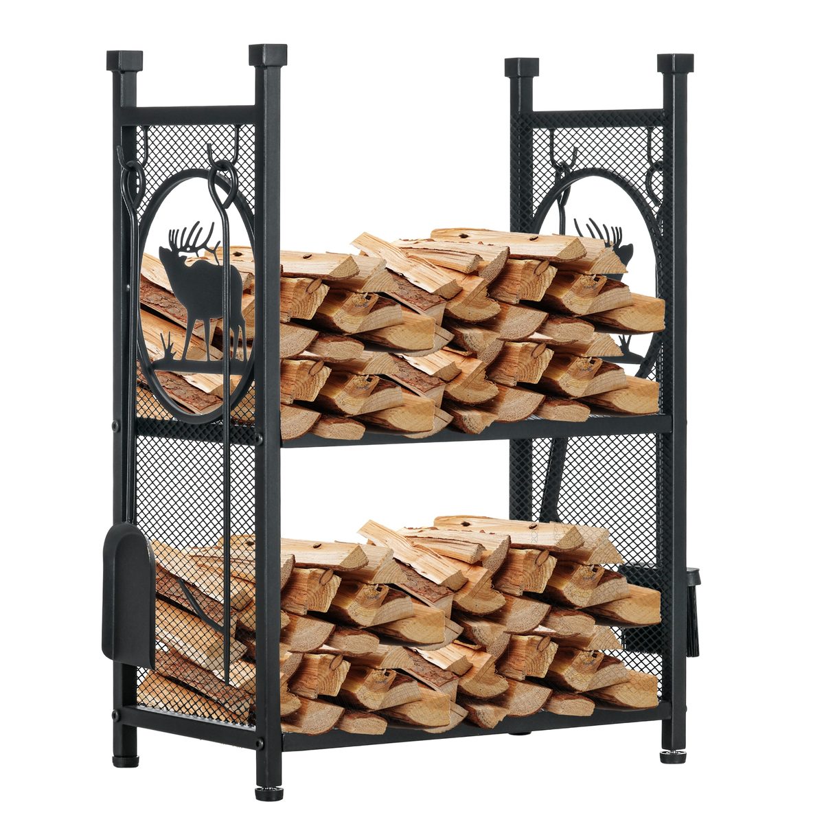  2-Tier Firewood Rack with Shovel, Broom, Poker, Tongs, Side Hooks, Log Holder for Fireplace, Outdoor Indoor Wood Storage Stacker, 21.7" x 12.6" x 30.3", Black