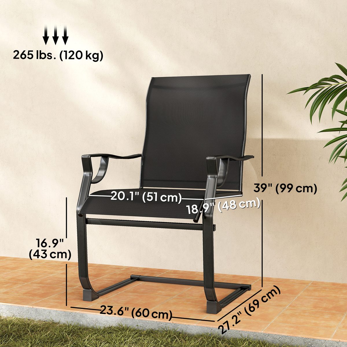  C Spring Motion Patio Chairs Set of 2 with Curved High Backrest, Armrest, All Weather Breathable Fabric, Metal Frame