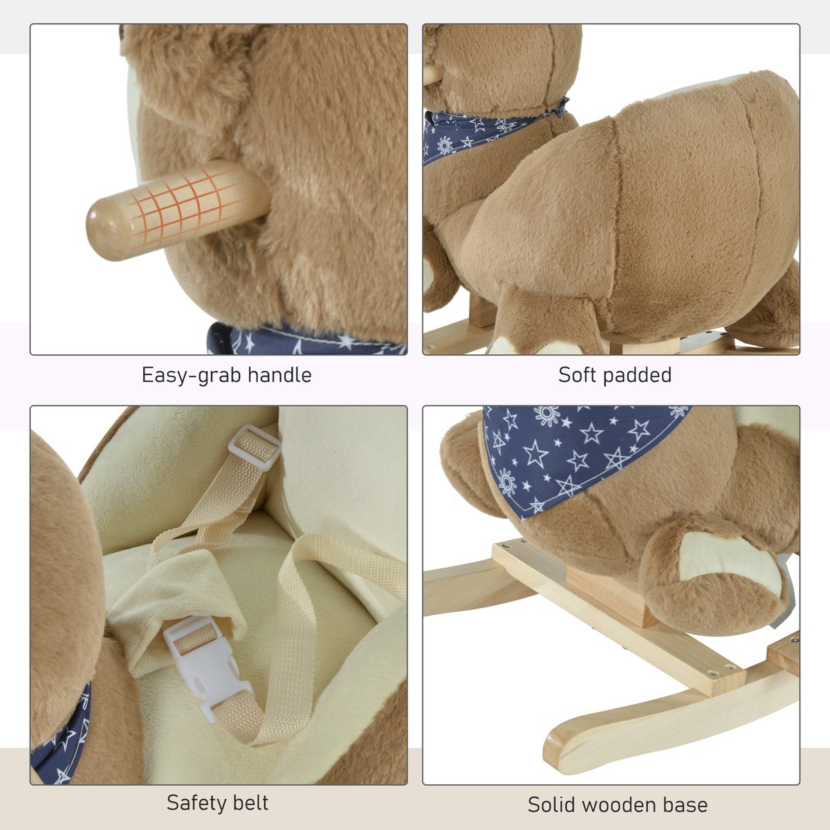 Qaba Baby Rocking Horse Bear Design Plush Stuffed Rocking Chair, Wooden Rocking Horse with Sound, Seat Belt for Boys and Girls Gift, Brown