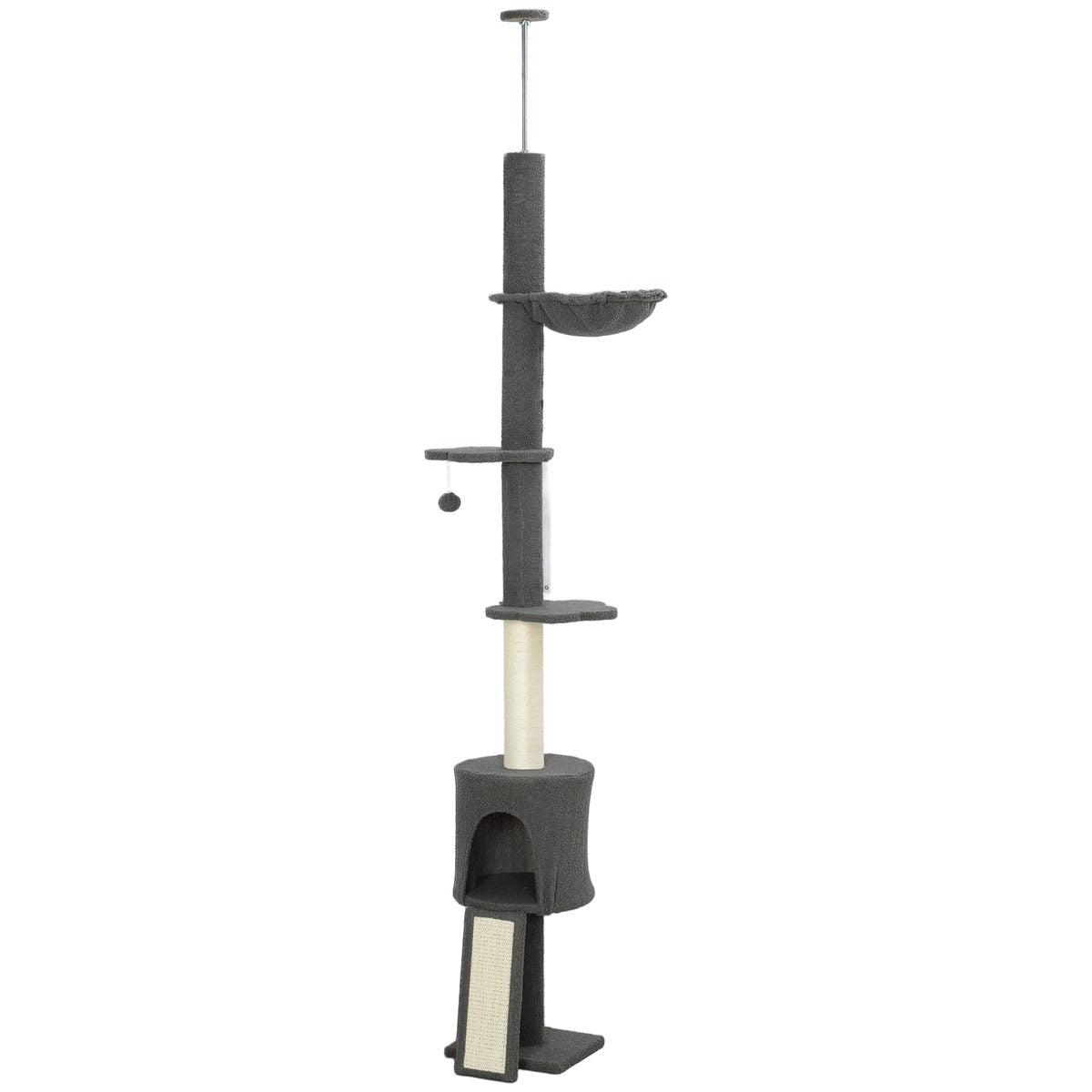  87"-94.5" Floor to Ceiling Cat Tree with Sisal Scratching Post, Condo, Hammock, Ramp, Perches, Dark Grey