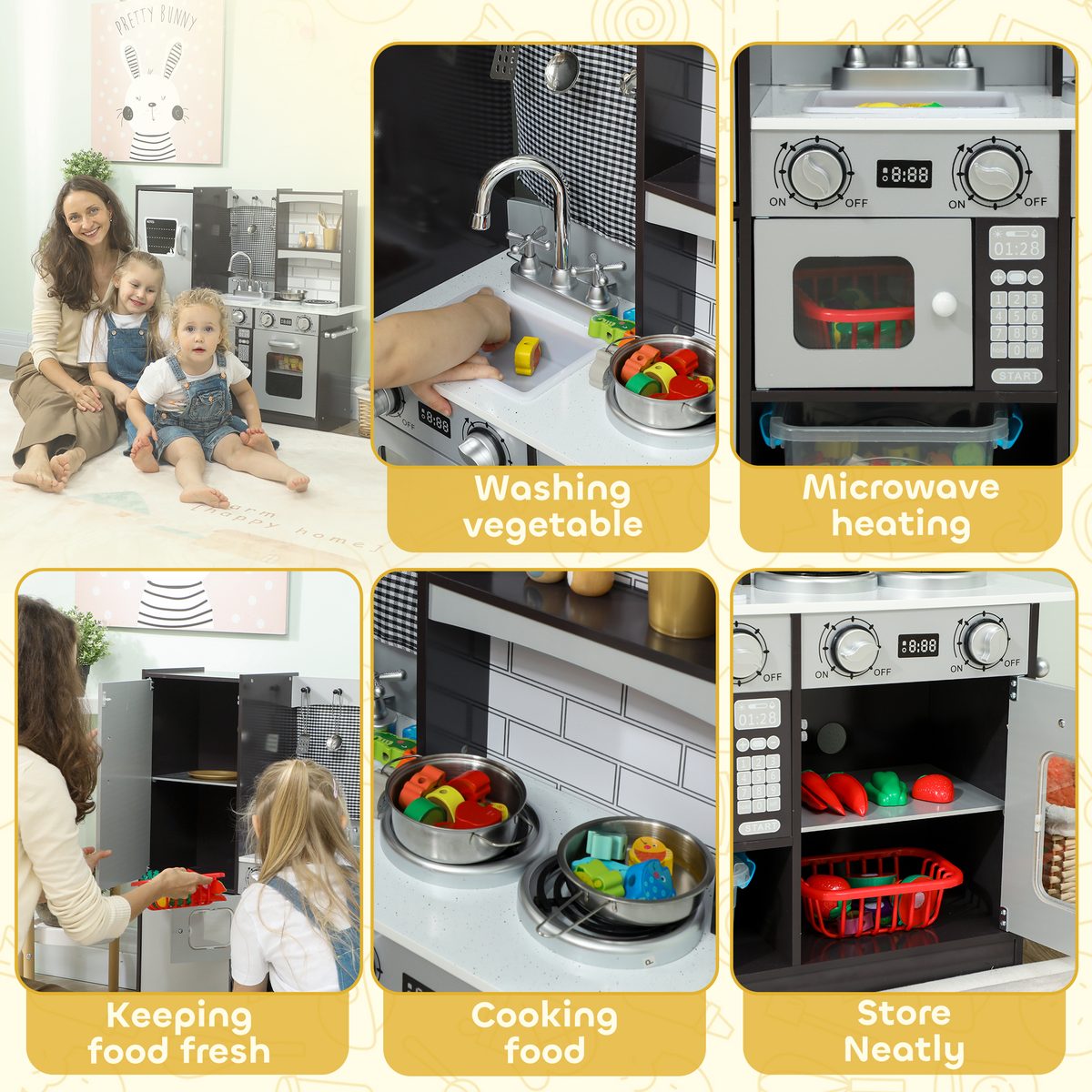 Qaba Play Kitchen for Kids, Pretend Kids Kitchen Playset with Switch Knob Sound, Accessories for Ages 3-8 Years, Dark Brown
