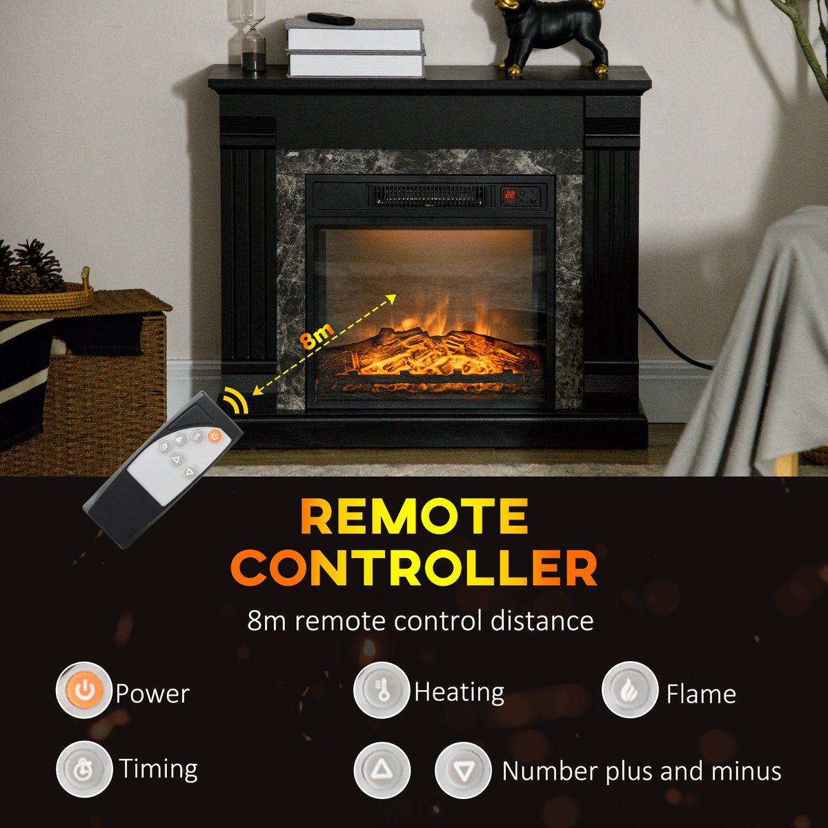  Electric Fireplace Mantel Wood Surround, Freestanding Fireplace Heater with Realistic Flame, Adjustable Temperature, Timer, Overheating Protection, and Remote Control, Black