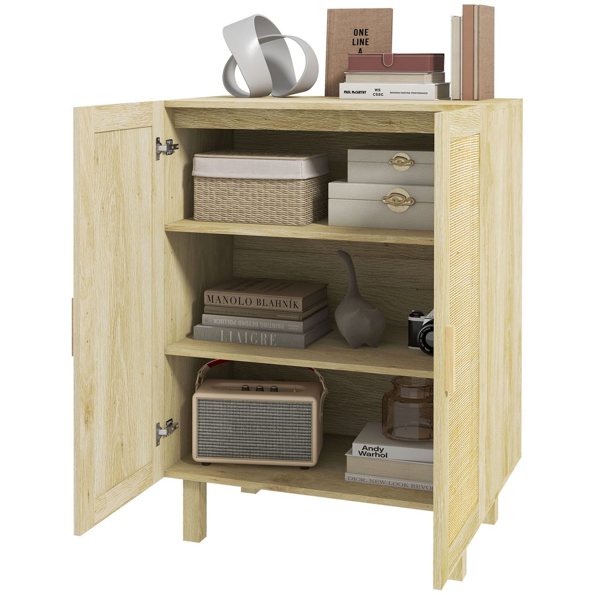 Boho Sideboard, Buffet Cabinet with Storage, Accent Cabinet with 2 Rattan Doors and Adjustable Shelves, Natural