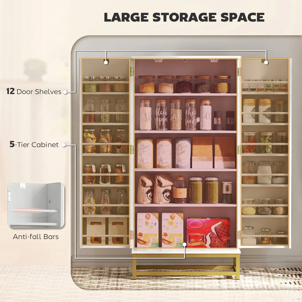  47" Kitchen Pantry Cabinet, Freestanding Kitchen Storage Cabinet with 12 Door Shelves and Adjustable Shelves, White