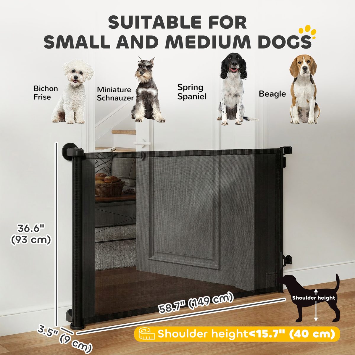  Retractable Dog Gate, 36.6" Tall,  Extends to 55" Wide, Mesh Pet Gate with Single Hand Operation, for Stairs, Doorways