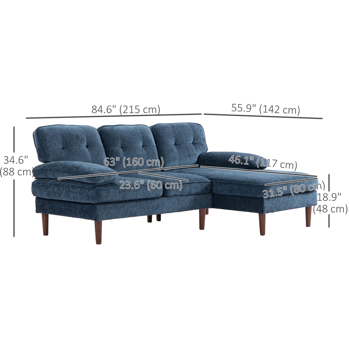  Modern Corner Couch with Right Chaise Lounge, Tufted 3-Seater Sofa with Wooden Legs for Living Room, Navy Blue