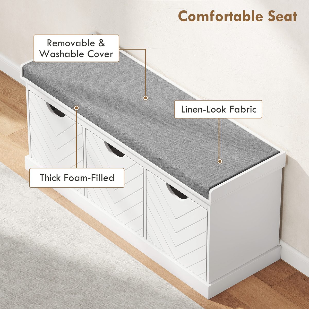  Shoe Storage Bench, Linen-Look Entryway Bench with 3 Removable Drawers and Padded Seat Cushion for Hallway, White