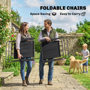  8 Piece Patio Table and Chairs Set with Folding Chairs, Tempered Glass Tabletop and Umbrella for Garden, Black