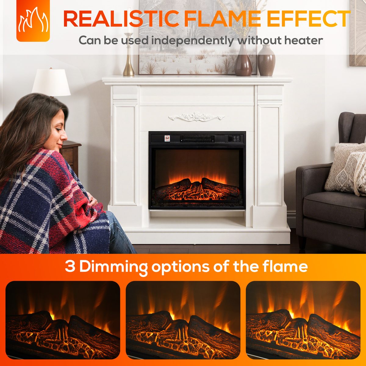  46" Electric Fireplace with Mantel and Shelf, 1400W Fireplace Heater with Realistic Log and Flame Effect, White