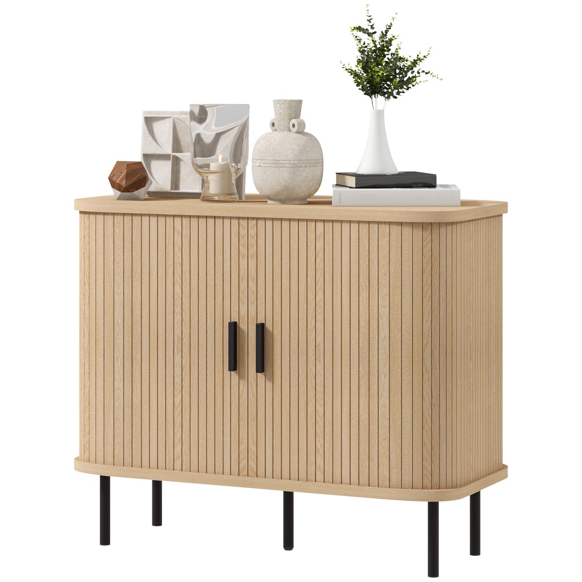  35.4" Sideboard Buffet Cabinet with Storage, Nordic Coffee Bar Cabinet with Slatted Tambour Doors and Metal Legs, Oak