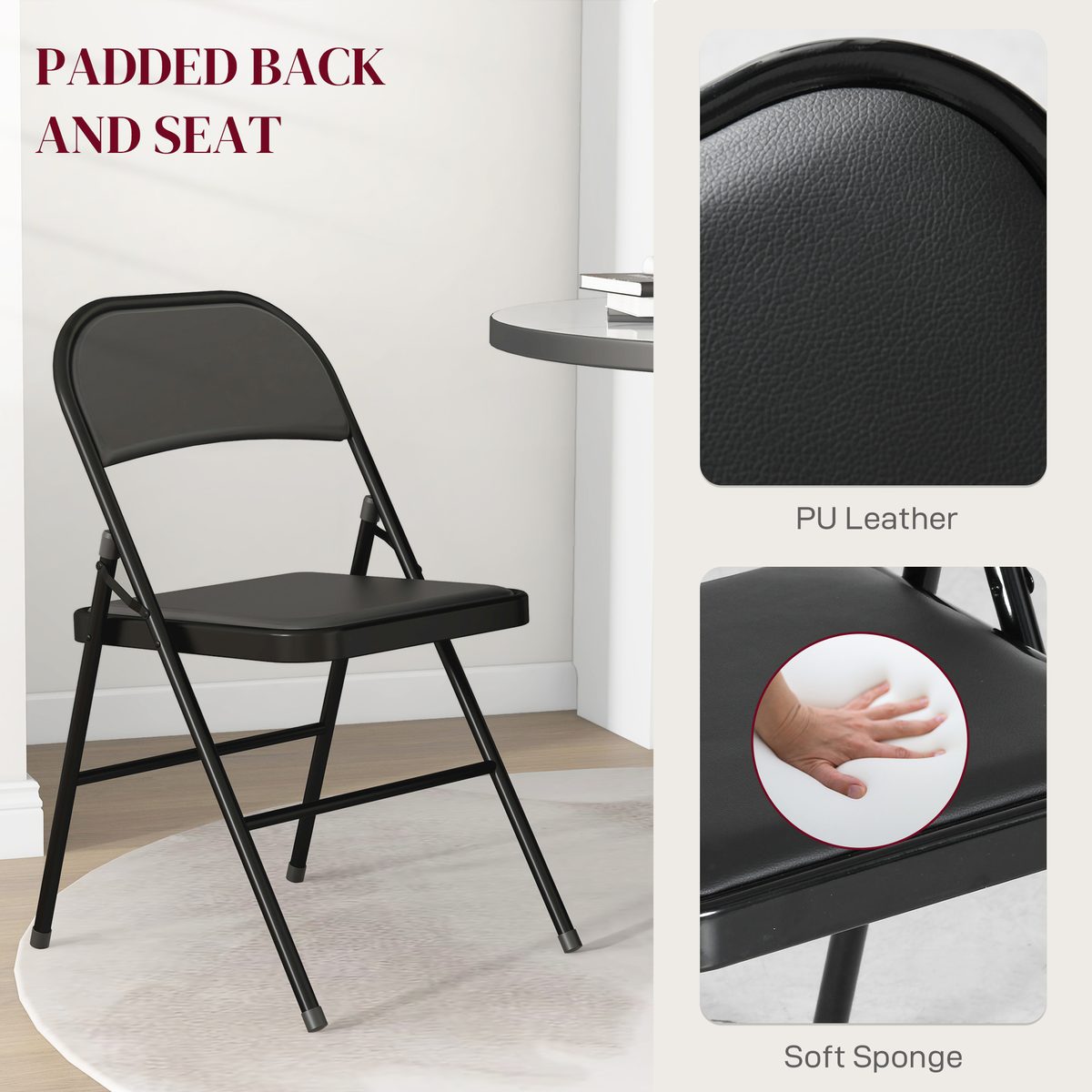  Set of 2 Metal Foldable Chairs, PU Leather Padded Folding Chairs with Cushion Seat and Open Back for Indoor, Black