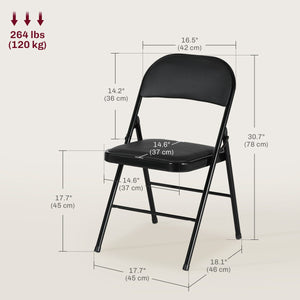  Set of 2 Metal Foldable Chairs, PU Leather Padded Folding Chairs with Cushion Seat and Open Back for Indoor, Black