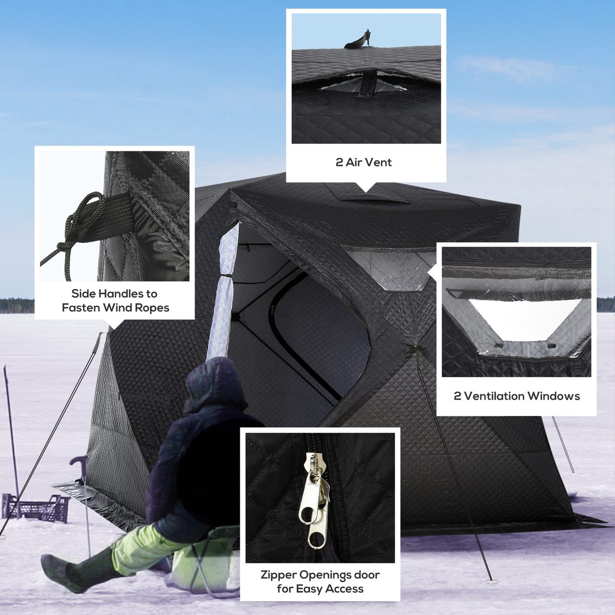  4-Person Insulated Ice Fishing Tent, Portable Ice Fishing Shelter with Ventilation Windows, Carry Bag, Two Doors and Anchors for Low-Temp -22℉