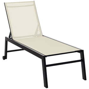 Outdoor Lounge Chair, Patio Lounger with 5-Position Reclining Backrest and 2 Wheels for Poolside, Beach, Lawn, Cream White