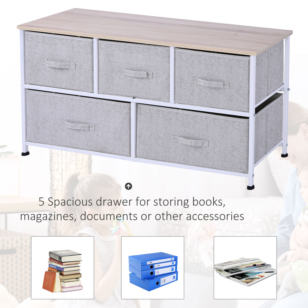Linen Drawer Cabinet Organizer Storage Dresser Tower with 5 Removable Drawer Metal Frame Adjustable Feet – view 3
