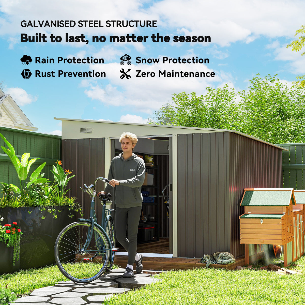 11' x 9' Steel Garden Storage Shed, Outdoor Metal Tool House with Double Sliding Doors & 2 Air Vents, Grey – view 4