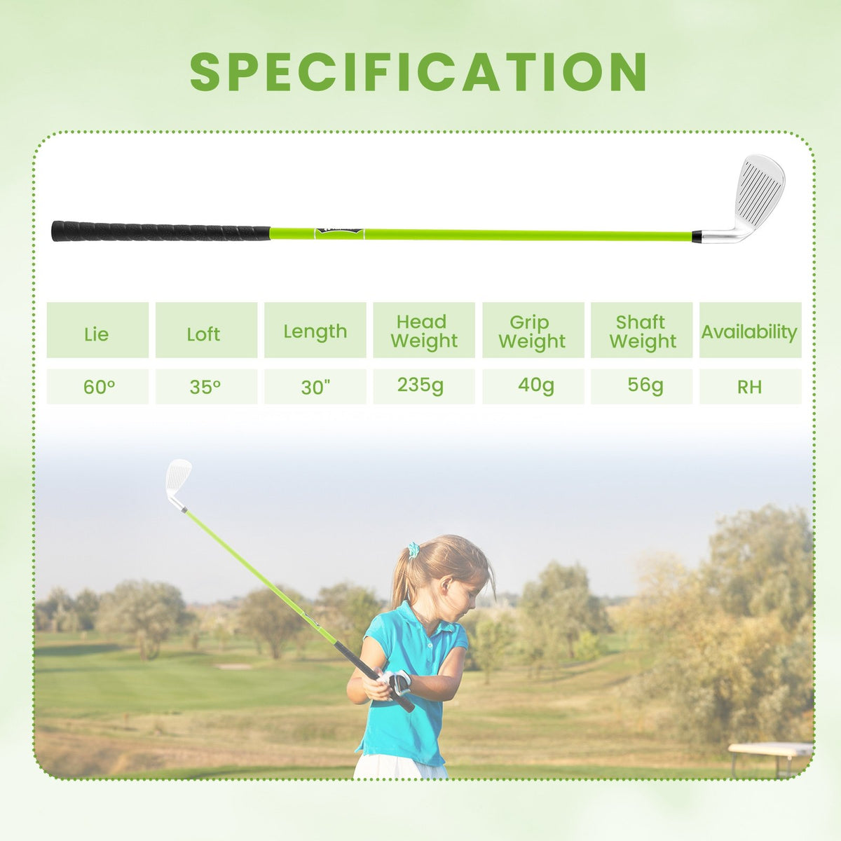 Individual Gold Club for Boys and Girls with Fiberglass Shaft and Headcover-Green view 5