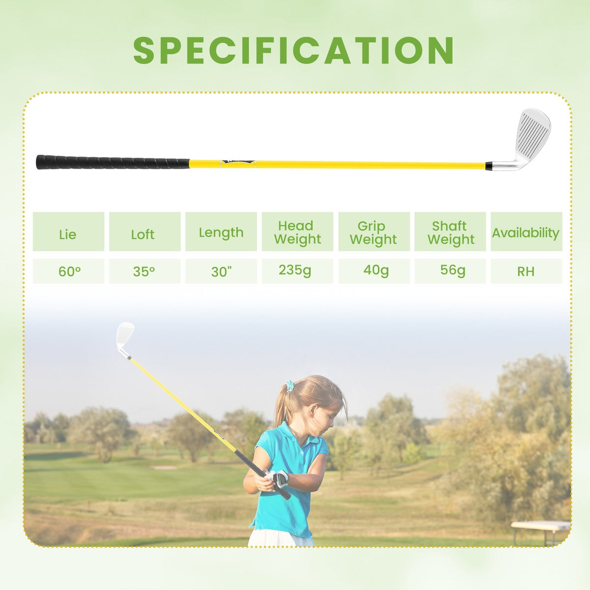 Individual Gold Club for Boys and Girls with Fiberglass Shaft and Headcover-Yellow view 5