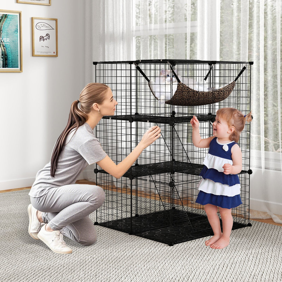 Indoor Cat Cage 3-Tier Cat Enclosure Detachable Metal Wire Kennel-Black view 2