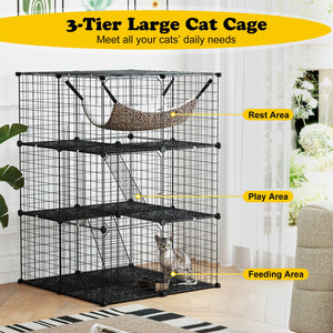 Indoor Cat Cage 3-Tier Cat Enclosure Detachable Metal Wire Kennel-Black view 6