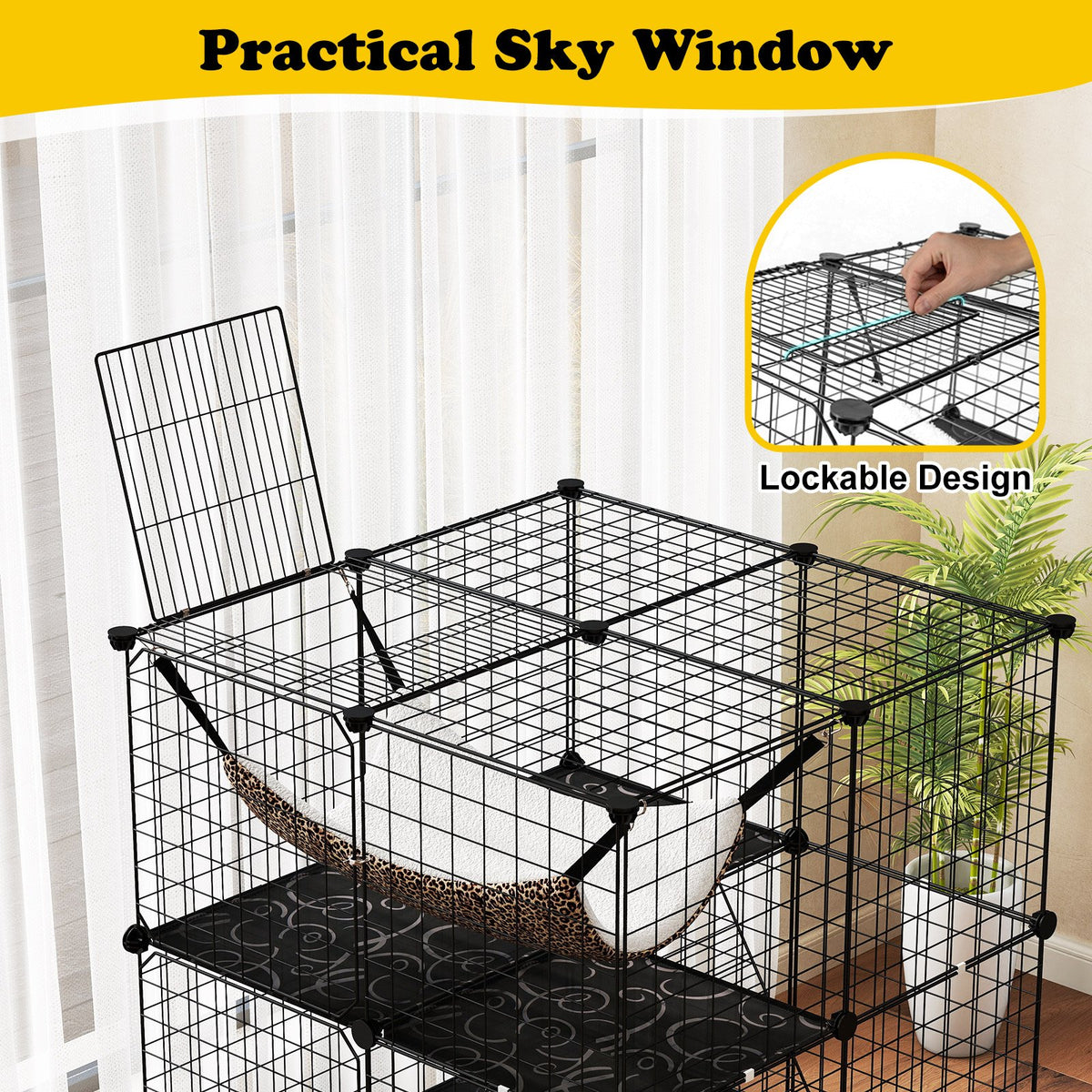 Indoor Cat Cage 3-Tier Cat Enclosure Detachable Metal Wire Kennel-Black view 8