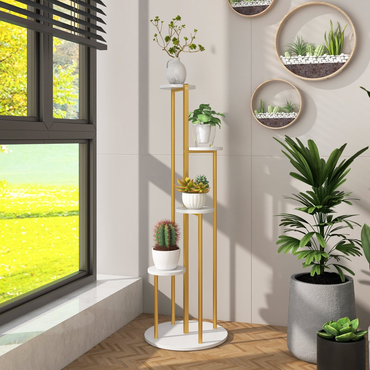 Indoor Metal Plant Stand Corner Plant Shelf for Potted Plant with Golden Metal Frame-White view 3
