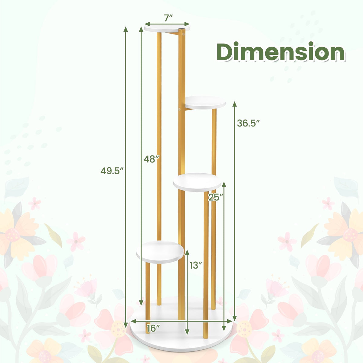 Indoor Metal Plant Stand Corner Plant Shelf for Potted Plant with Golden Metal Frame-White view 5