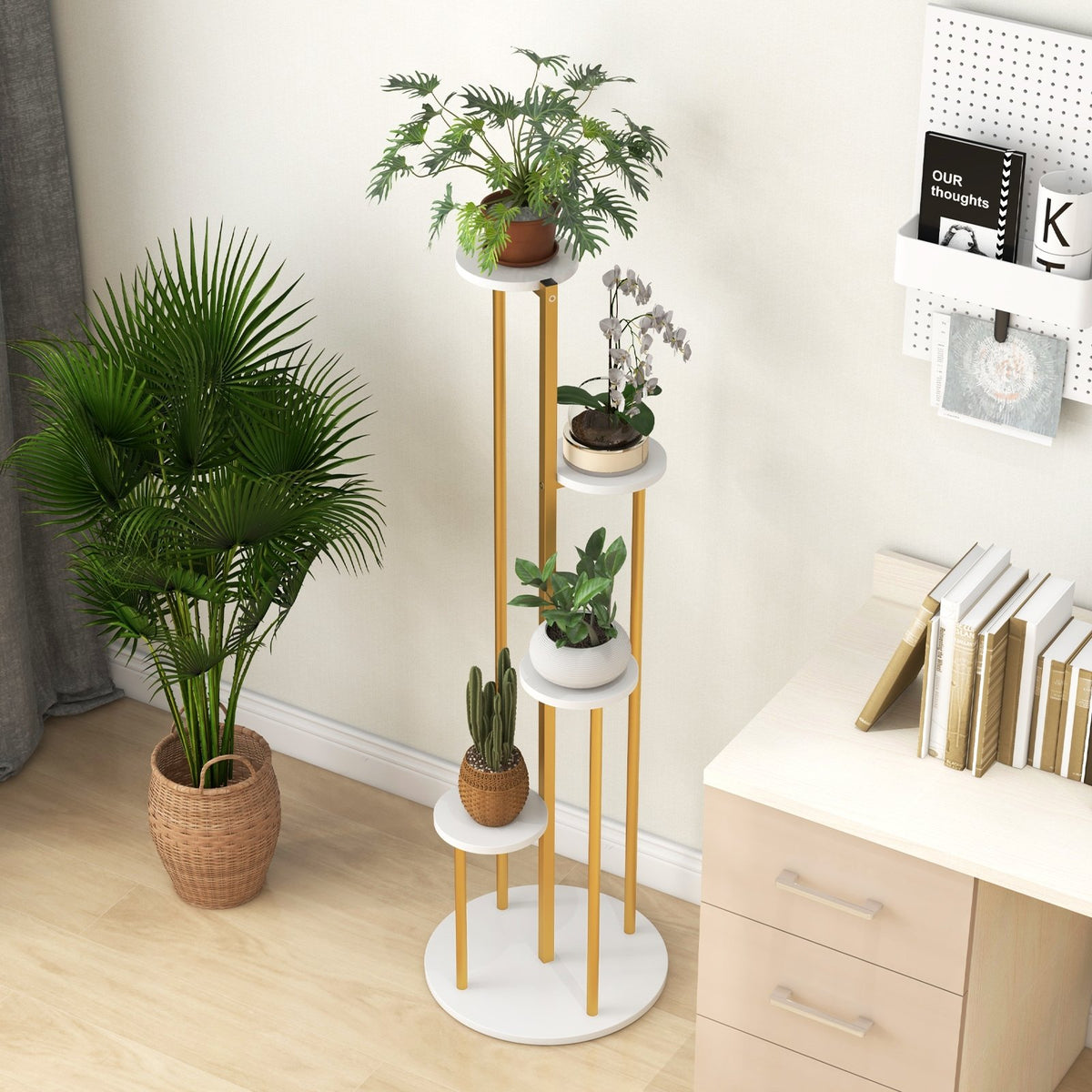 Indoor Metal Plant Stand Corner Plant Shelf for Potted Plant with Golden Metal Frame-White view 6
