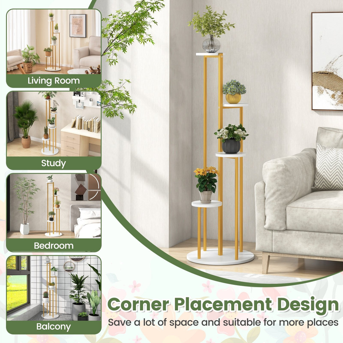 Indoor Metal Plant Stand Corner Plant Shelf for Potted Plant with Golden Metal Frame-White view 7