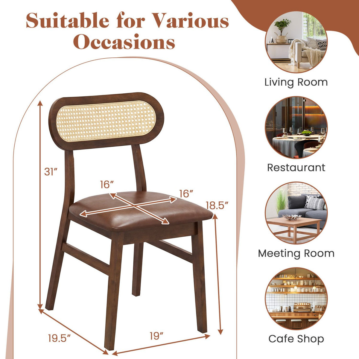 Indoor Mid Century Wood Dining Chairs Set of 2, for Dining Room-Coffee view 3