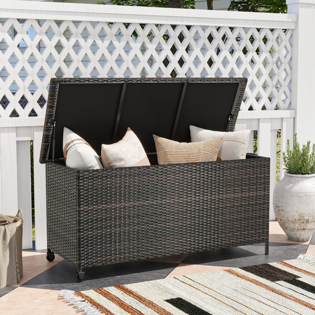 Indoor Outdoor 85 Gallon Storage Container with Waterproof Liner and Universal Wheels-Brown view 2