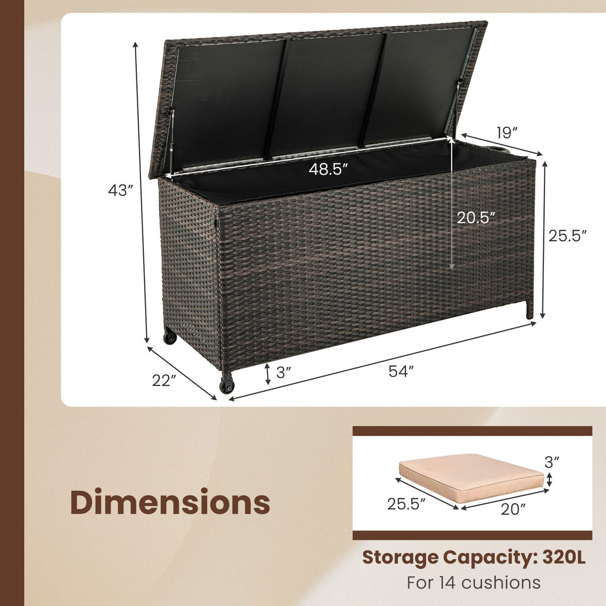 Indoor Outdoor 85 Gallon Storage Container with Waterproof Liner and Universal Wheels-Brown view 4