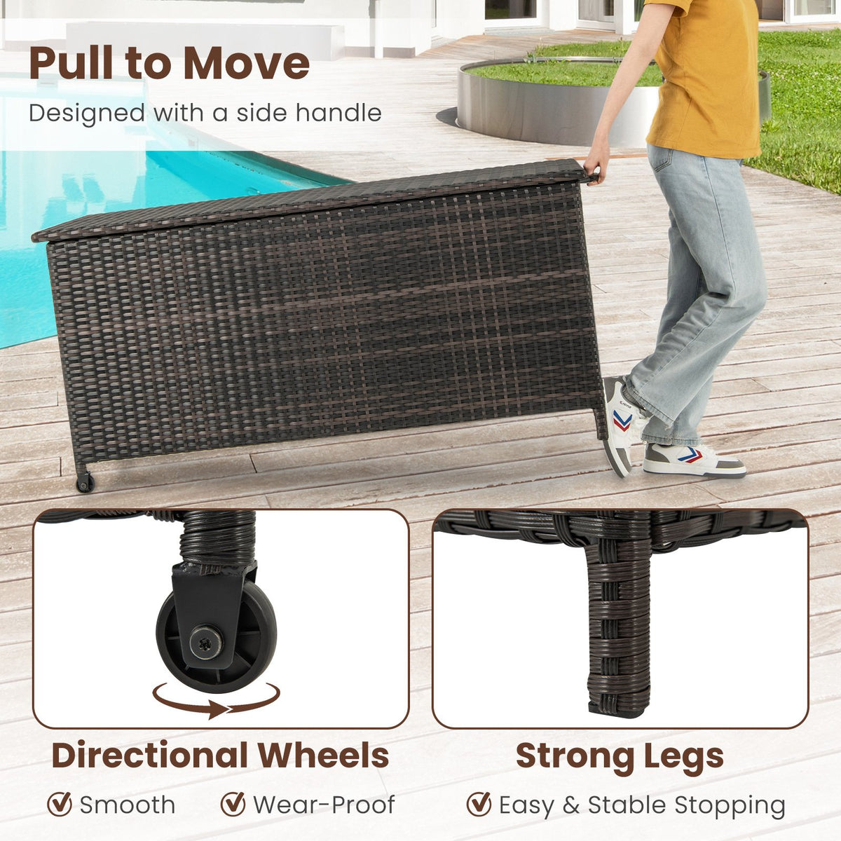 Indoor Outdoor 85 Gallon Storage Container with Waterproof Liner and Universal Wheels-Brown view 9