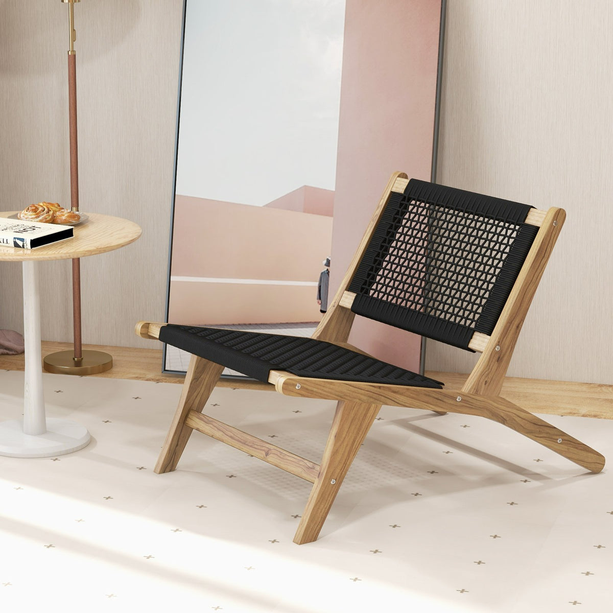 Indoor Outdoor Teak Wooden Chair with Handwoven Cordage Seat and Backrest view 2