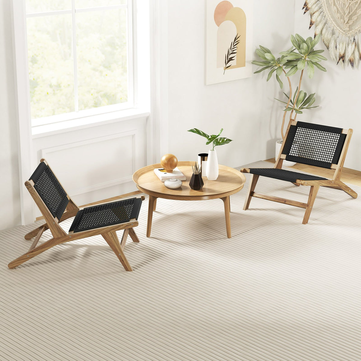 Indoor Outdoor Teak Wooden Chair with Handwoven Cordage Seat and Backrest view 3