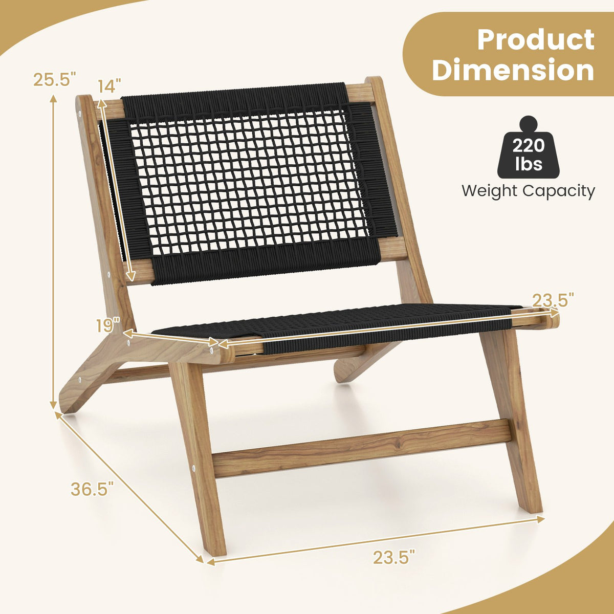 Indoor Outdoor Teak Wooden Chair with Handwoven Cordage Seat and Backrest view 4