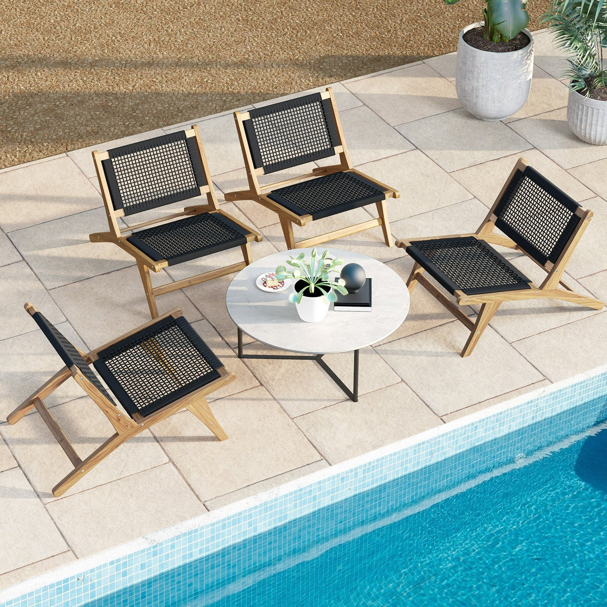 Indoor Outdoor Teak Wooden Chair with Handwoven Cordage Seat and Backrest view 5