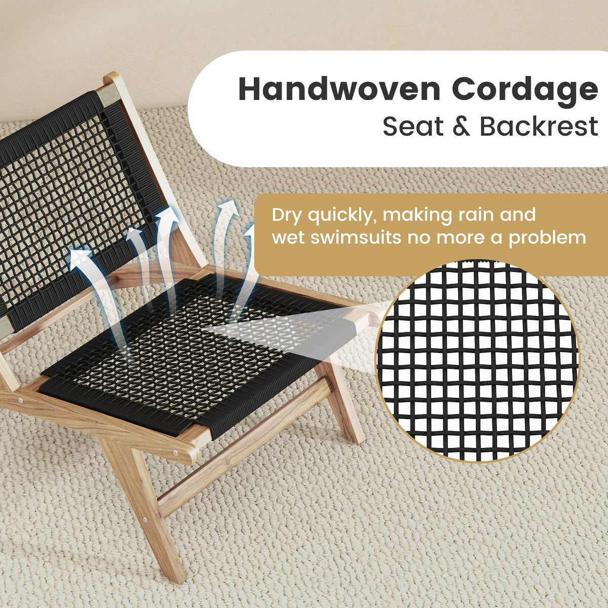 Indoor Outdoor Teak Wooden Chair with Handwoven Cordage Seat and Backrest view 8