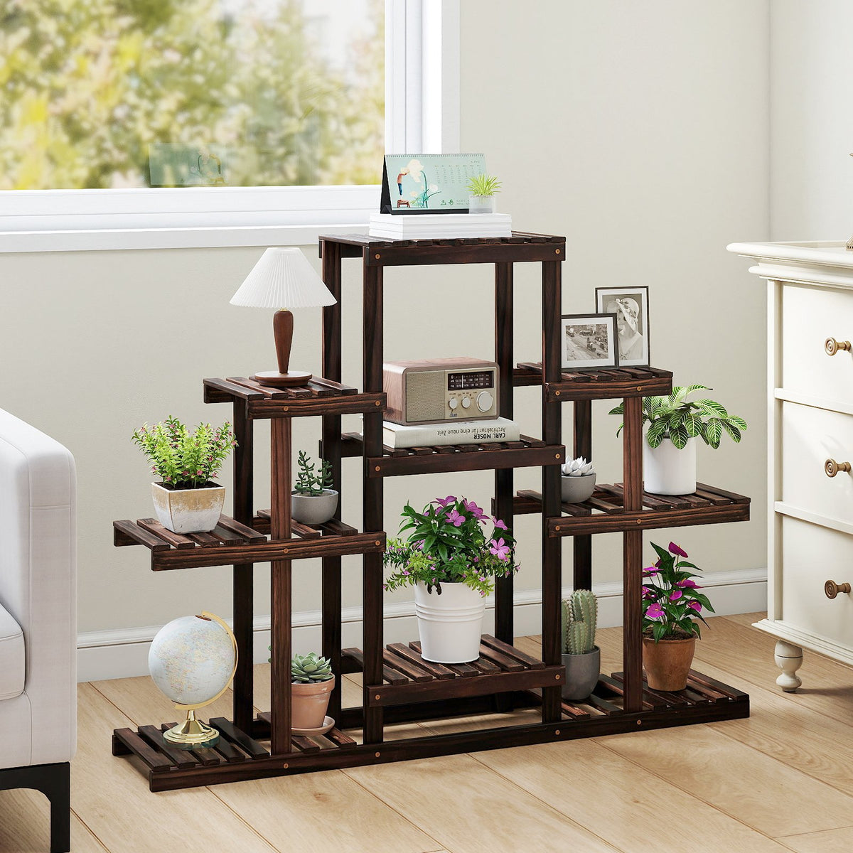 Indoor Outdoor Wood Plant Stand Multi-Tiered Corner Plant Shelf Flowerpot Holder-Brown view 3